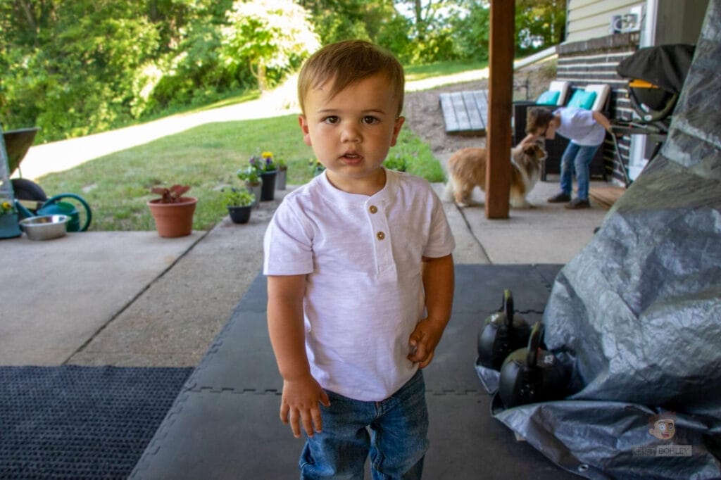 A young boy standing on a patio with a dog showcased on a WordPress website.